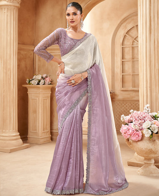 Half-white and lavender crushed plain designer saree, scallop embroidered border, and floral embroidered blouse