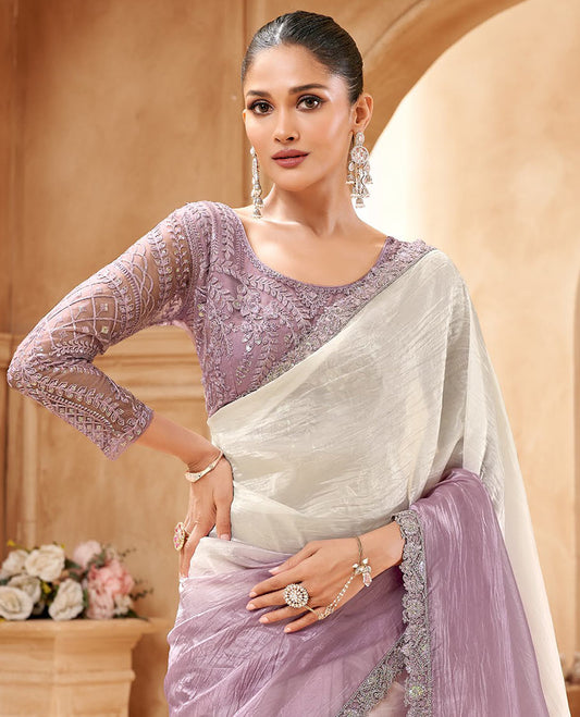Half-white and lavender crushed plain designer saree, scallop embroidered border, and floral embroidered blouse