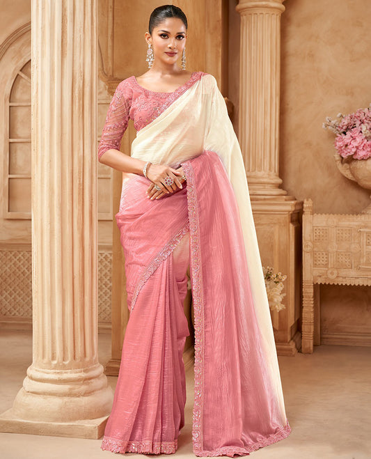 Half-white and pink crushed plain designer saree, scallop embroidered border, and floral embroidered blouse