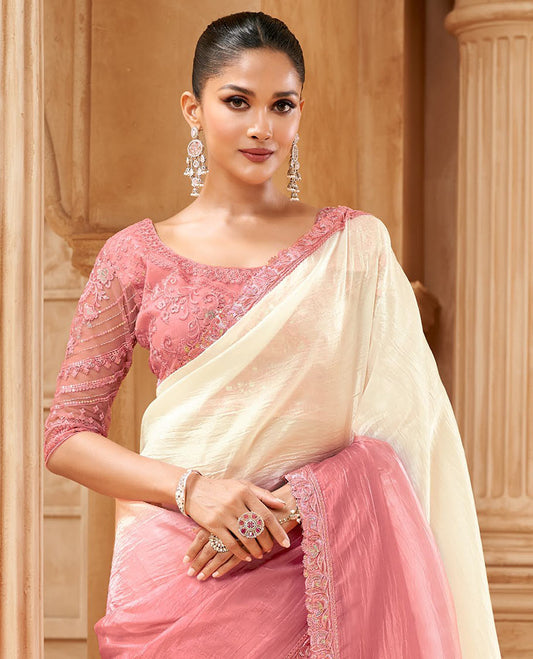 Half-white and pink crushed plain designer saree, scallop embroidered border, and floral embroidered blouse