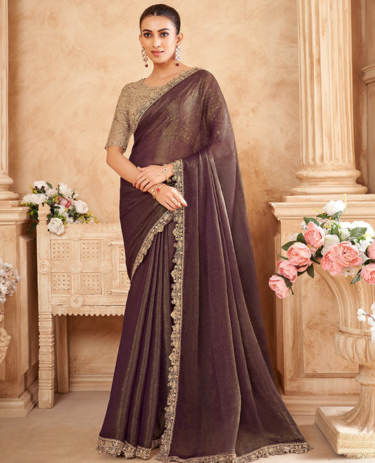 Brown crushed plain designer saree, contrast scallop embroidered paisley border, and contrast embroidered blouse