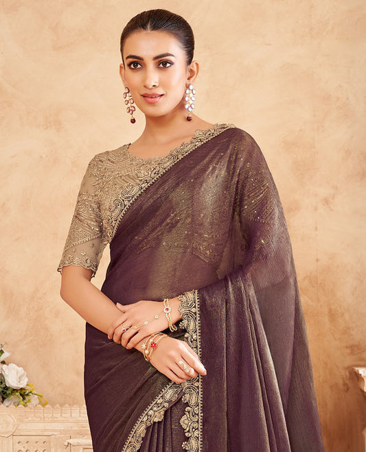 Brown crushed plain designer saree, contrast scallop embroidered paisley border, and contrast embroidered blouse