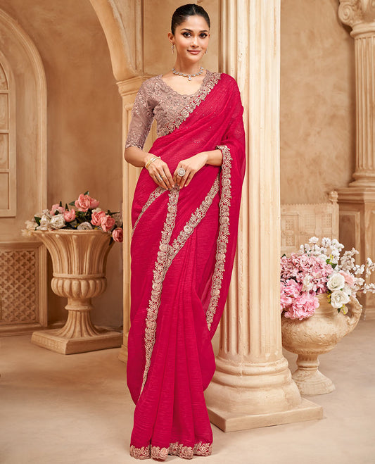 Pink crushed designer saree, scallop embroidered border, and contrast embroidered blouse