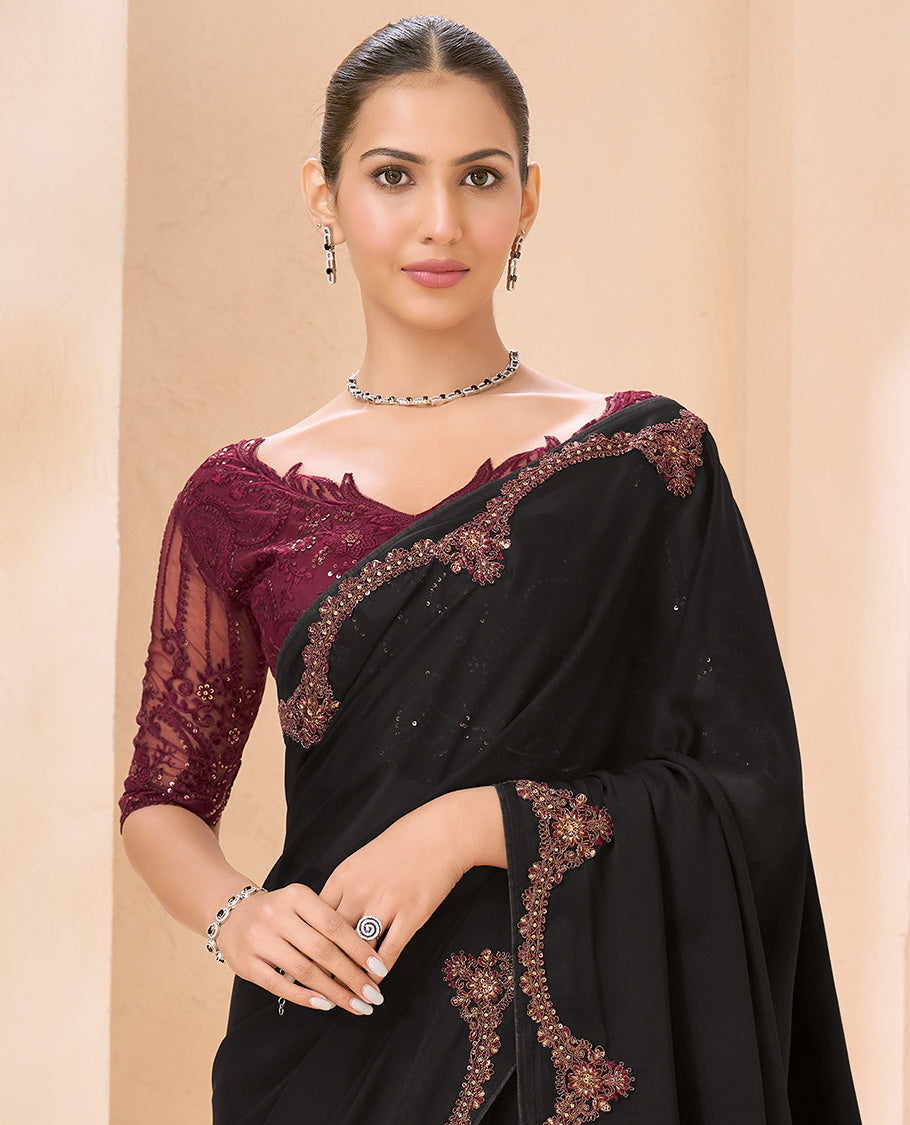Black Plain Designer Saree, Scallop Embroidered Border, a Self-Pallu, and Paired with a Contrast Intricately Embroidered Blouse
