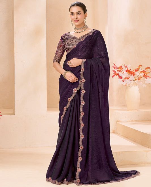 Purple Plain Designer Saree, Scallop Embroidered Border, a Self-Pallu, and Paired with a Contrast Intricately Embroidered Blouse