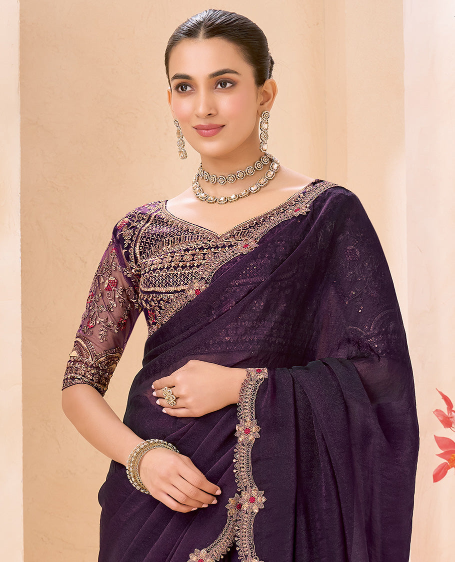 Purple Plain Designer Saree, Scallop Embroidered Border, a Self-Pallu, and Paired with a Contrast Intricately Embroidered Blouse