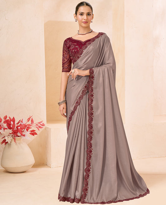 Grey Plain Designer Saree, Scallop Embroidered Border, a Self-Pallu, and Paired with a Contrast Intricately Embroidered Blouse