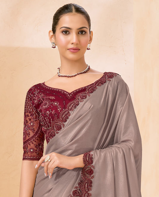 Grey Plain Designer Saree, Scallop Embroidered Border, a Self-Pallu, and Paired with a Contrast Intricately Embroidered Blouse