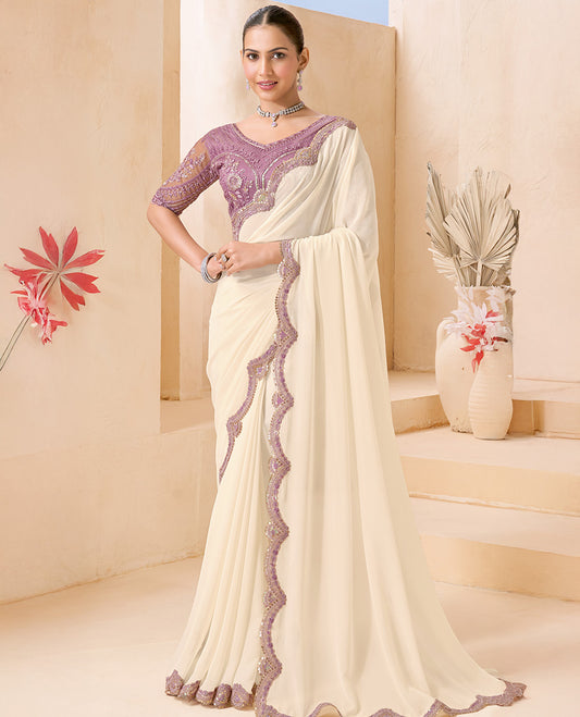 Cream Plain Designer Saree, Scallop Embroidered Border, a Self-Pallu, and Paired with a Contrast Intricately Embroidered Blouse