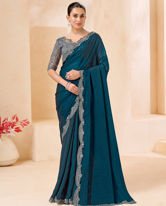 Blue Plain Designer Saree, Scallop Embroidered Border, a Self-Pallu, and Paired with a Contrast Intricately Embroidered Blouse
