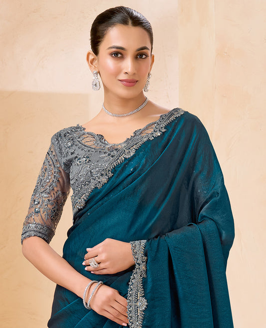 Blue Plain Designer Saree, Scallop Embroidered Border, a Self-Pallu, and Paired with a Contrast Intricately Embroidered Blouse