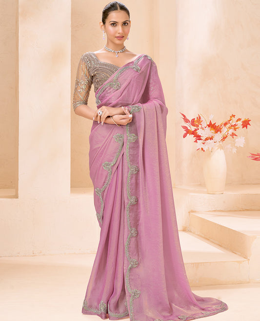 Pink Plain Designer Saree, Scallop Embroidered Border, a Self-Pallu, and Paired with a Contrast Intricately Embroidered Blouse