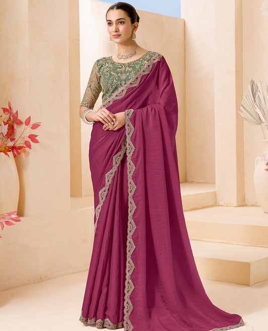 Magenta Plain Designer Saree, Scallop Embroidered Border, a Self-Pallu, and Paired with a Contrast Intricately Embroidered Blouse