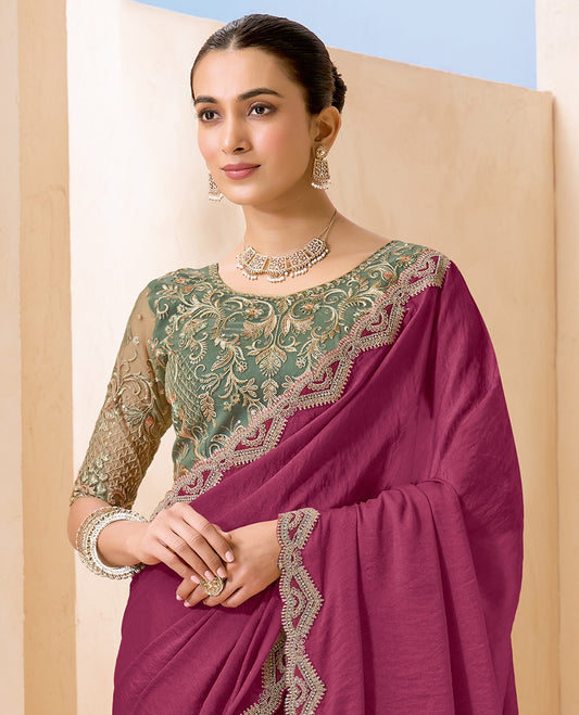 Magenta Plain Designer Saree, Scallop Embroidered Border, a Self-Pallu, and Paired with a Contrast Intricately Embroidered Blouse