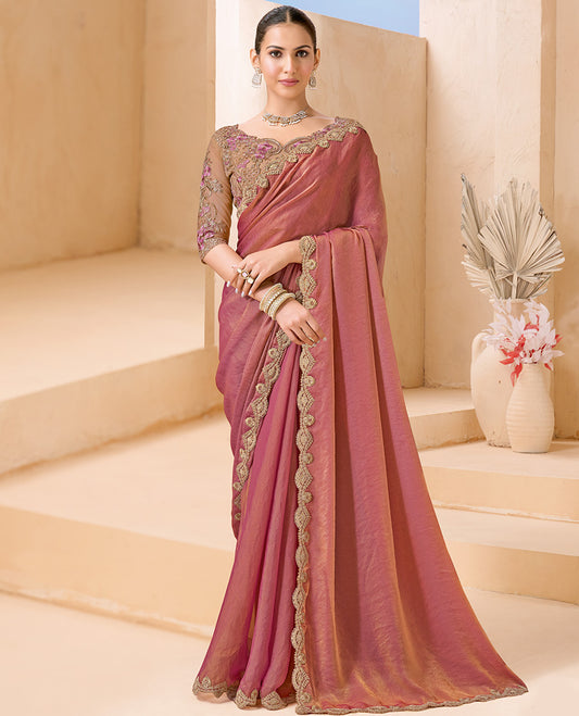 Pink Plain Designer Saree, Scallop Embroidered Border, a Self-Pallu, and Paired with a Contrast Intricately Embroidered Blouse