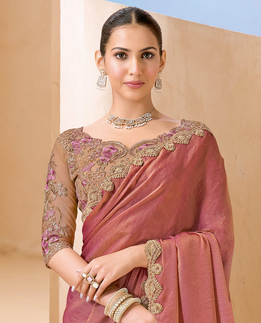 Pink Plain Designer Saree, Scallop Embroidered Border, a Self-Pallu, and Paired with a Contrast Intricately Embroidered Blouse