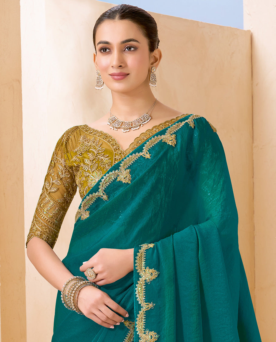 Rama Plain Designer Saree, Scallop Embroidered Border, a Self-Pallu, and Paired with a Contrast Intricately Embroidered Blouse