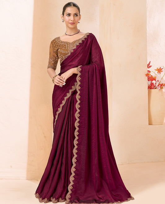 Wine Plain Designer Saree, Scallop Embroidered Border, a Self-Pallu, and Paired with a Contrast Intricately Embroidered Blouse