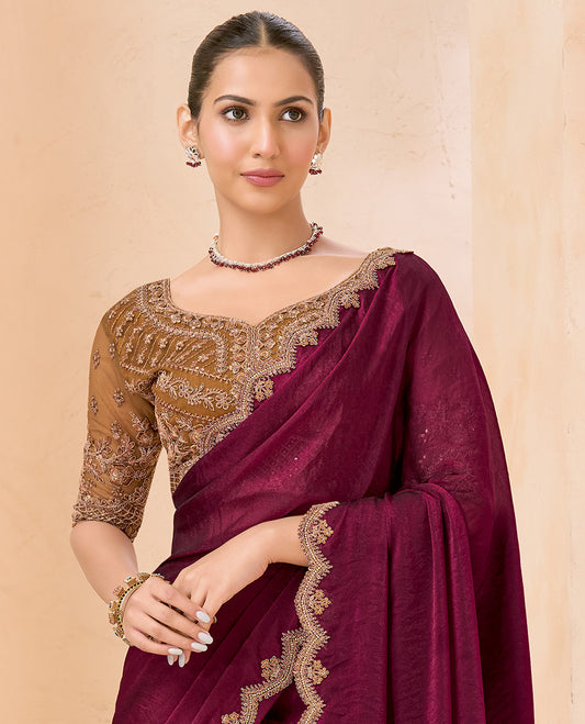 Wine Plain Designer Saree, Scallop Embroidered Border, a Self-Pallu, and Paired with a Contrast Intricately Embroidered Blouse