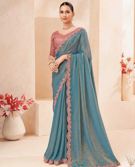 Blue Dual-tone Plain Designer Saree, Scallop Embroidered Border, a Self-Pallu, and Paired with a Contrast Intricately Embroidered Blouse