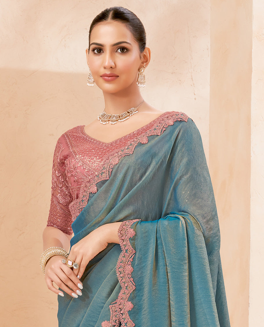 Blue Dual-tone Plain Designer Saree, Scallop Embroidered Border, a Self-Pallu, and Paired with a Contrast Intricately Embroidered Blouse