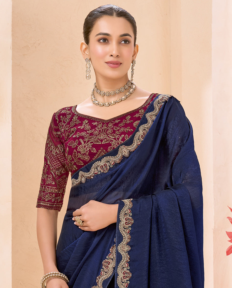 Navy Blue Plain Designer Saree, Scallop Embroidered Border, a Self-Pallu, and Paired with a Contrast Intricately Embroidered Blouse