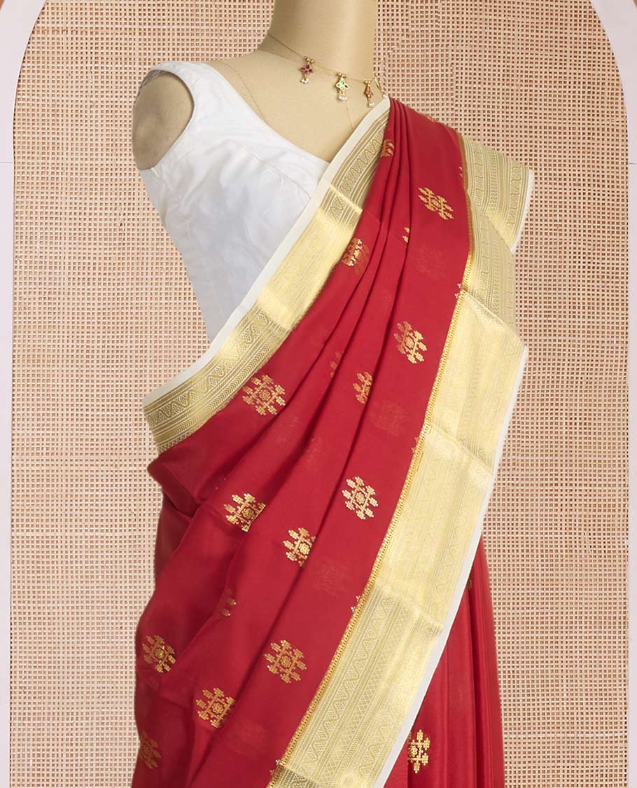 Maroon hashtag-shape zari buttas woven Mysore silk saree, contrast traditional zari design border & zari-rich jaal pallu