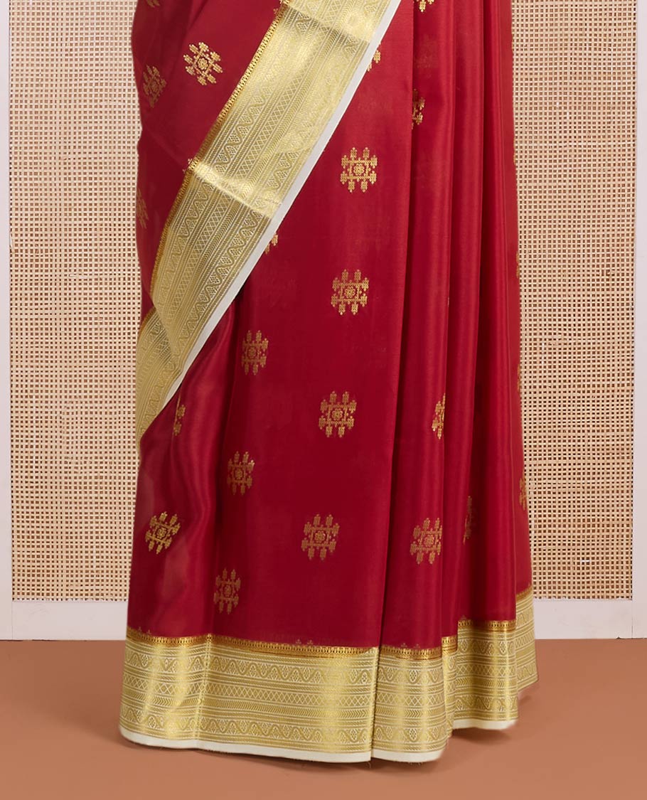 Maroon hashtag-shape zari buttas woven Mysore silk saree, contrast traditional zari design border & zari-rich jaal pallu