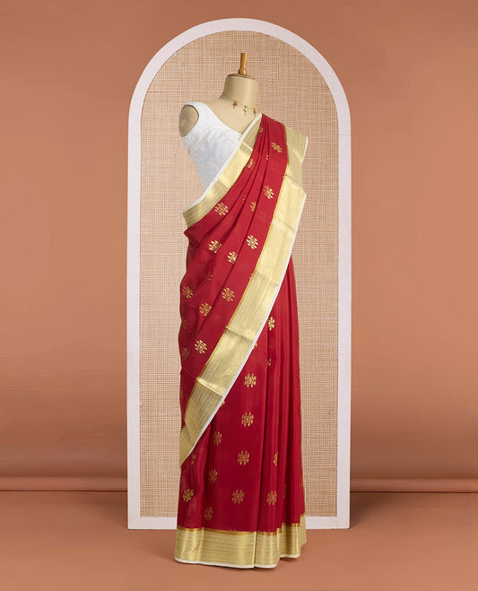 Maroon hashtag-shape zari buttas woven Mysore silk saree, contrast traditional zari design border & zari-rich jaal pallu