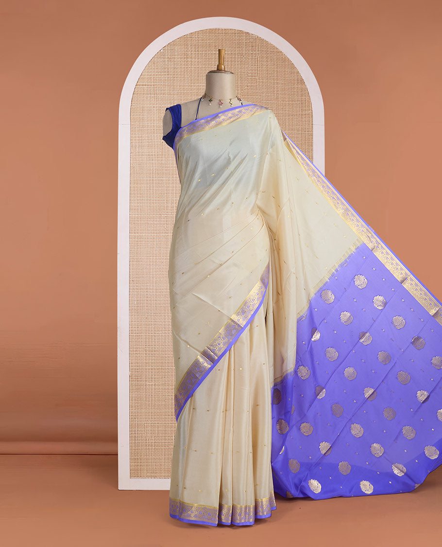 Cream zari buttas Mysore silk saree, contrast zari border woven in traditional motifs & zari buttas pallu