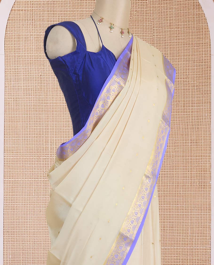 Cream zari buttas Mysore silk saree, contrast zari border woven in traditional motifs & zari buttas pallu