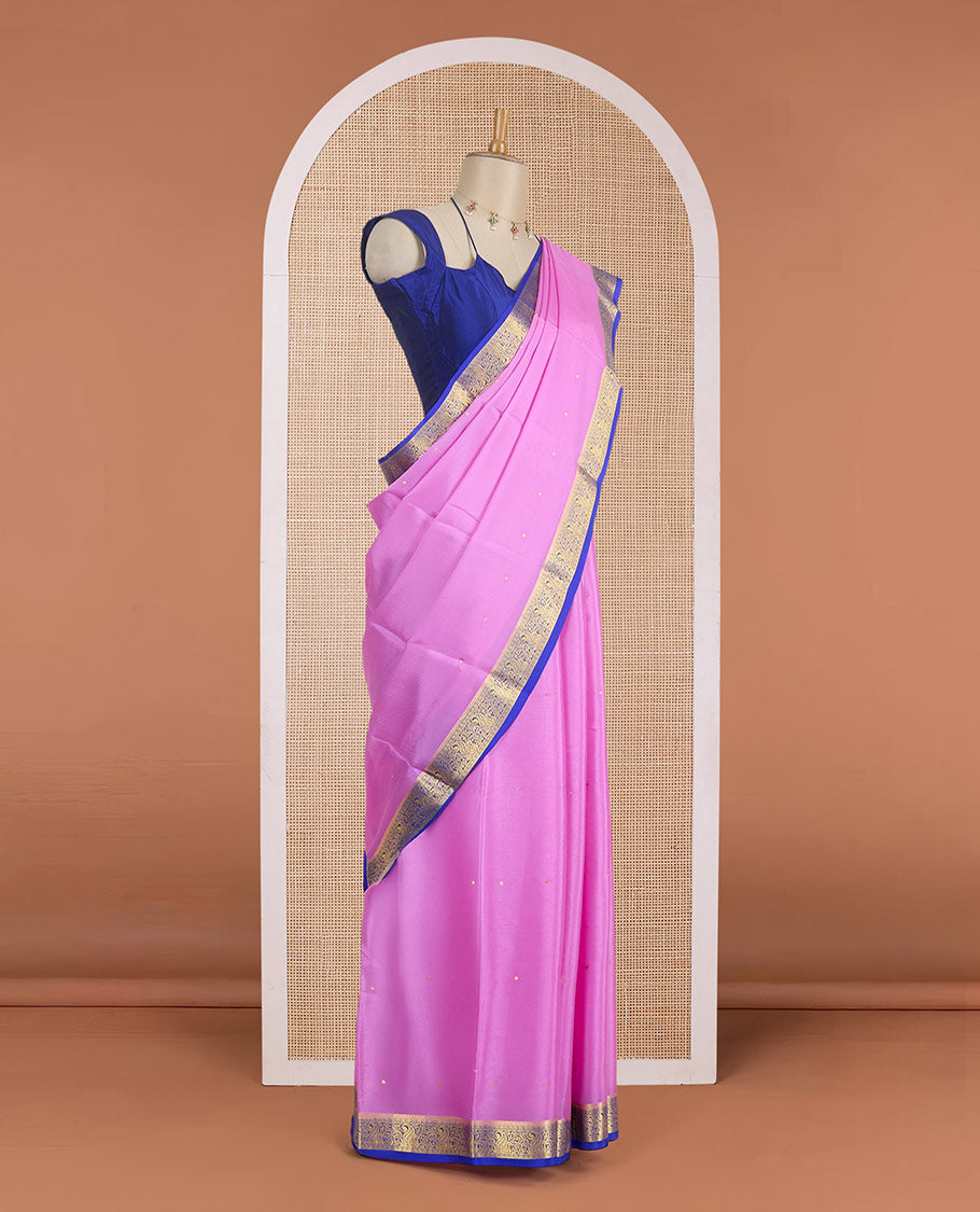 Rosemilk pink zari buttas Mysore silk saree, contrast paisley motifs woven zari border & pallu of zari motifs
