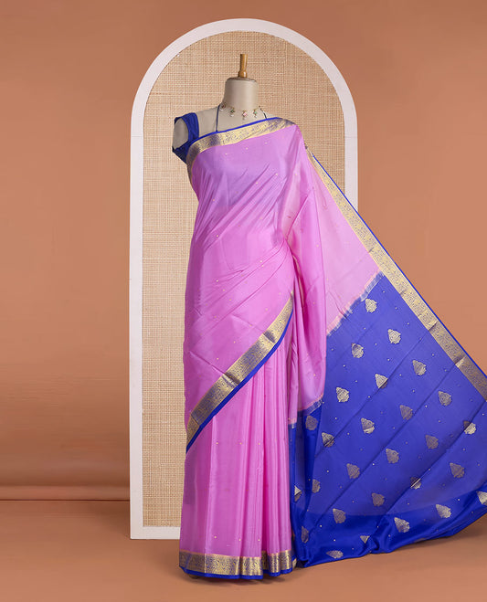 Rosemilk pink zari buttas Mysore silk saree, contrast paisley motifs woven zari border & pallu of zari motifs (Copy)