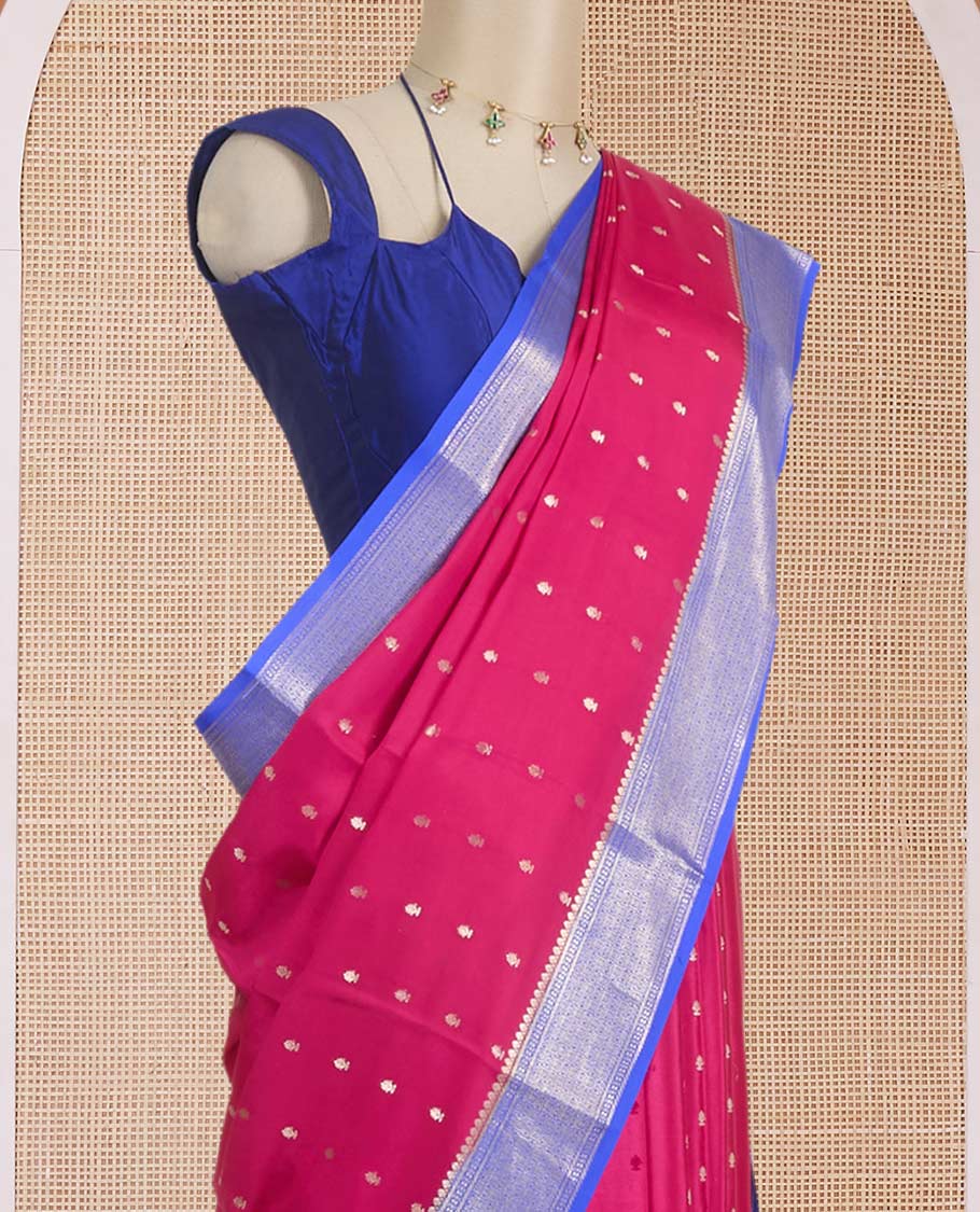 Orchid pink zari buttas Mysore silk saree, contrast traditional design zari border & zari-rich pallu jaal & corner manga motif