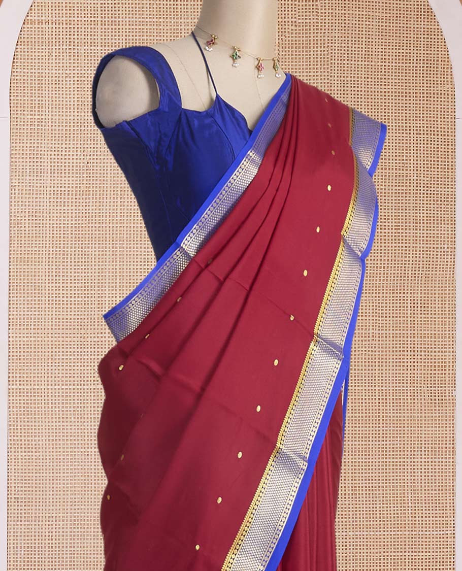 Maroon zari buttas Mysore silk saree, contrast traditional design zari border & zari motifs pallu