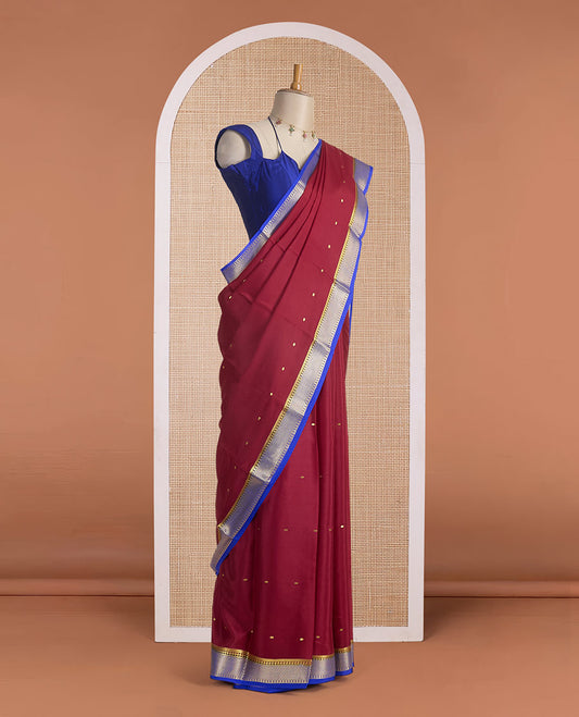 Maroon zari buttas Mysore silk saree, contrast traditional design zari border & zari motifs pallu