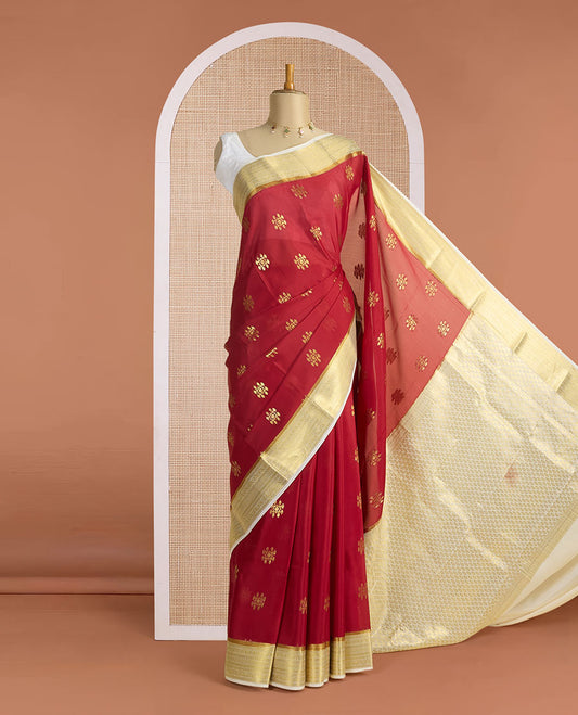 Maroon hashtag-shape zari buttas woven Mysore silk saree, contrast traditional zari design border & zari-rich jaal pallu