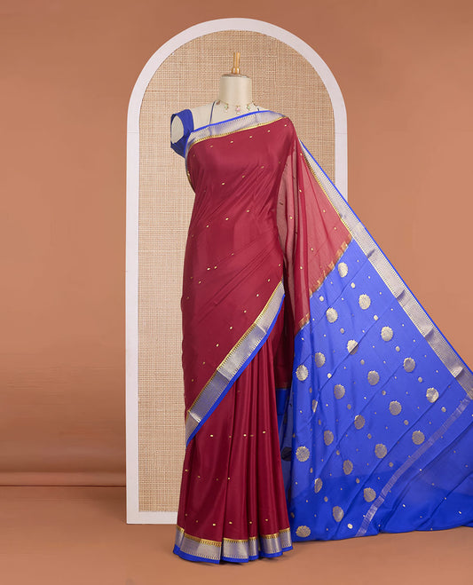 Maroon zari buttas Mysore silk saree, contrast traditional design zari border & zari motifs pallu