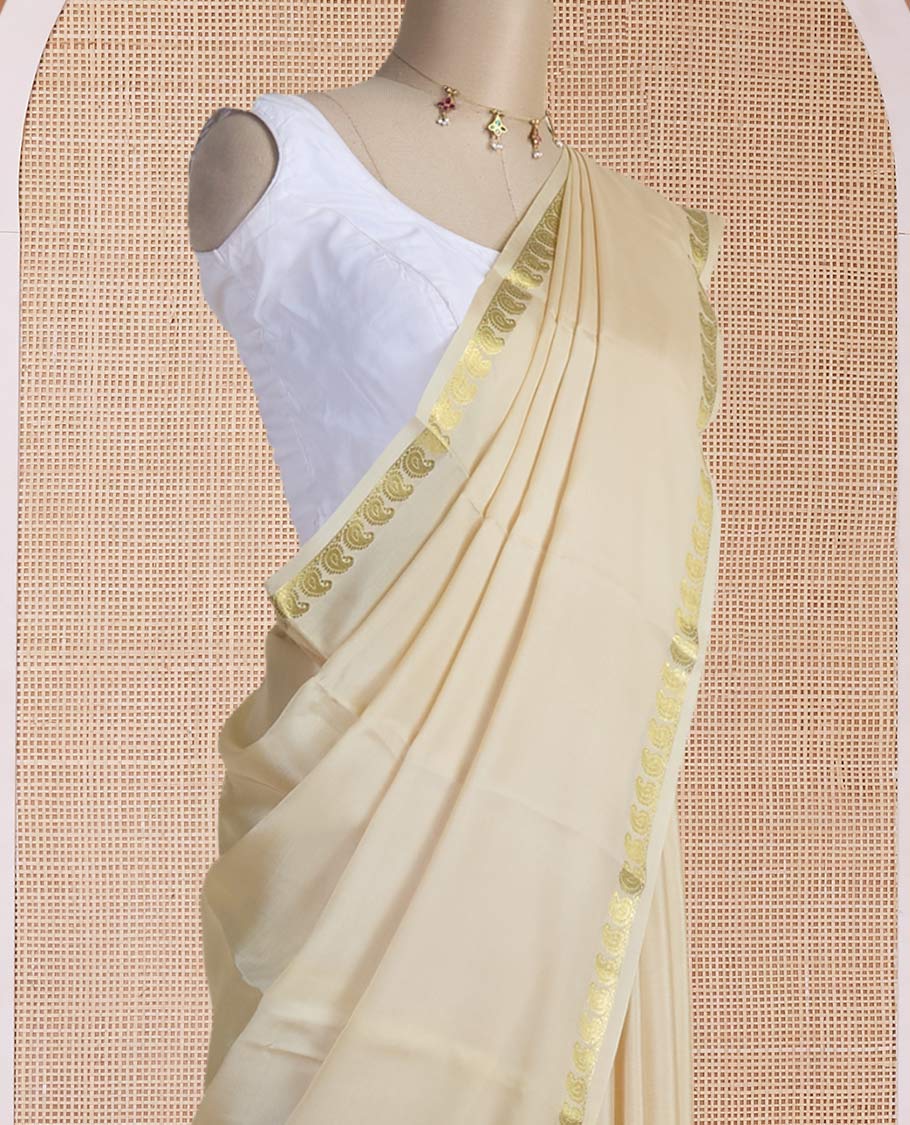 Sandal plain Mysore silk saree, golden zari paisley design border & thick-zari striped pallu