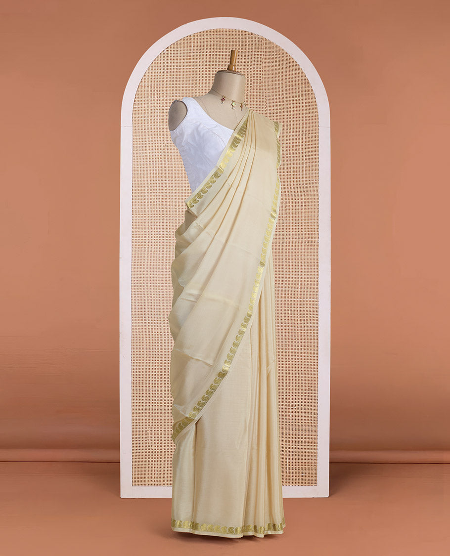 Sandal plain Mysore silk saree, golden zari paisley design border & thick-zari striped pallu