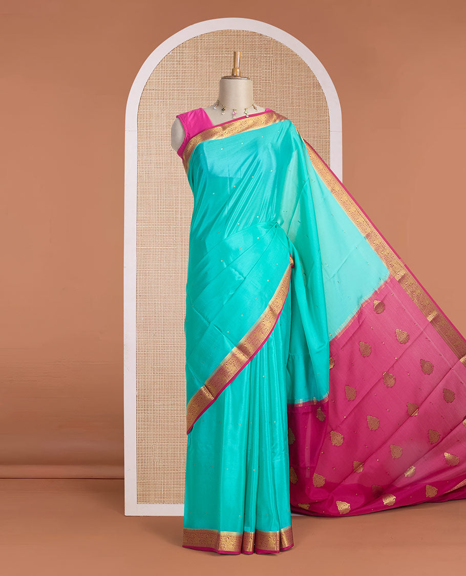 Blue zari buttas Mysore silk saree, contrast paisley zari design border & pallu of zari buttas