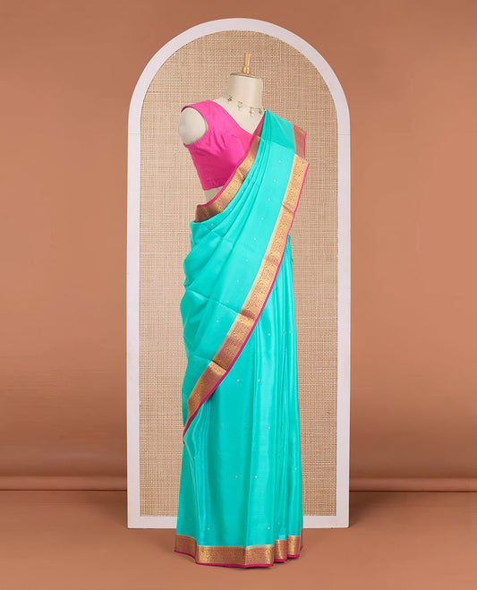 Blue zari buttas Mysore silk saree, contrast paisley zari design border & pallu of zari buttas