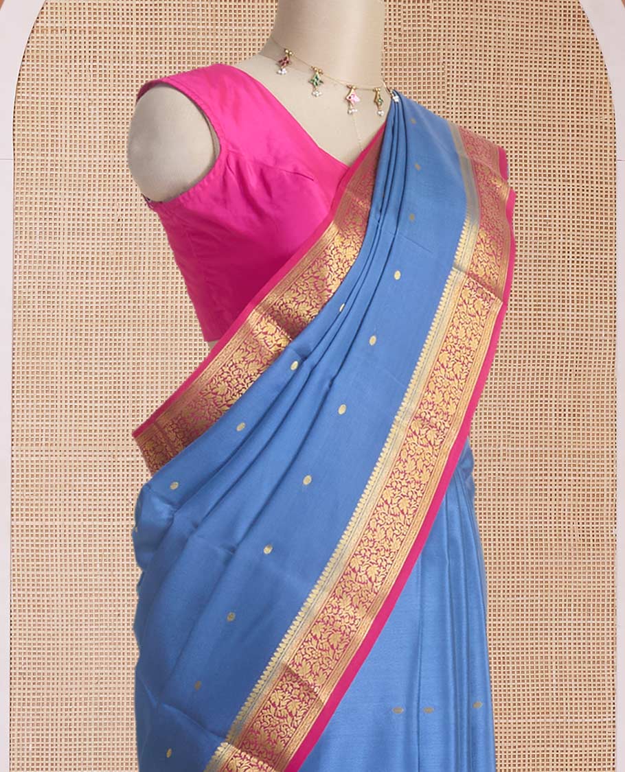 Blue zari buttas Mysore silk saree, contrast traditional zari design pink border & pallu of zari buttas