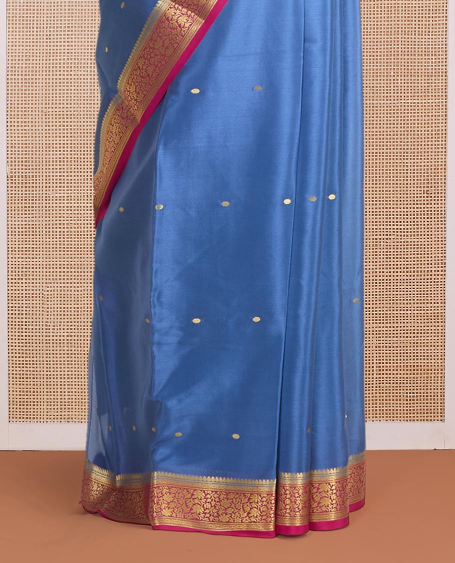 Blue zari buttas Mysore silk saree, contrast traditional zari design pink border & pallu of zari buttas