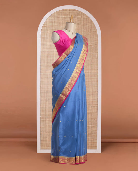 Blue zari buttas Mysore silk saree, contrast traditional zari design pink border & pallu of zari buttas