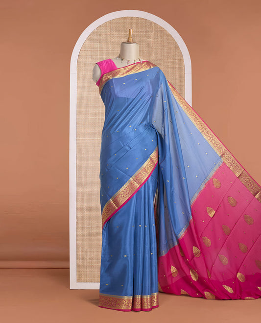 Blue zari buttas Mysore silk saree, contrast traditional zari design pink border & pallu of zari buttas