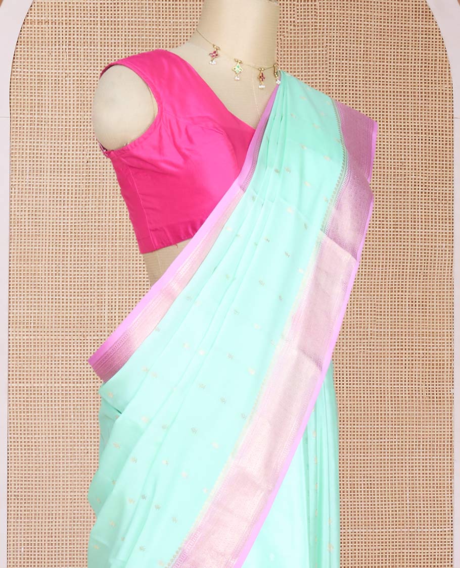 Green zari buttas Mysore silk saree, contrast traditional zari design border & butta enclosed jaal design pallu