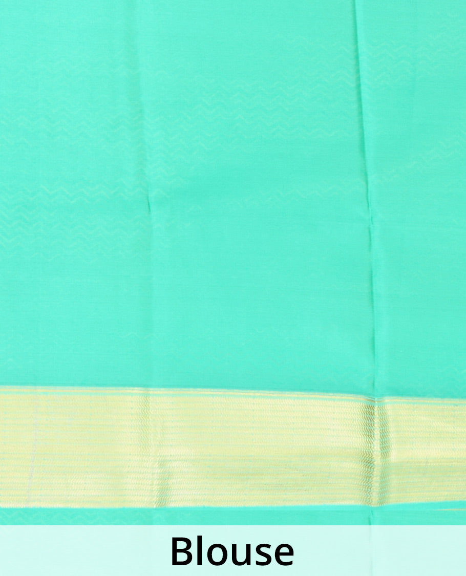 Yellow zari buttas Mysore silk saree, contrast traditional design zari border & pallu of chevron designs