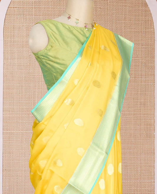 Yellow zari buttas Mysore silk saree, contrast traditional design zari border & pallu of chevron designs