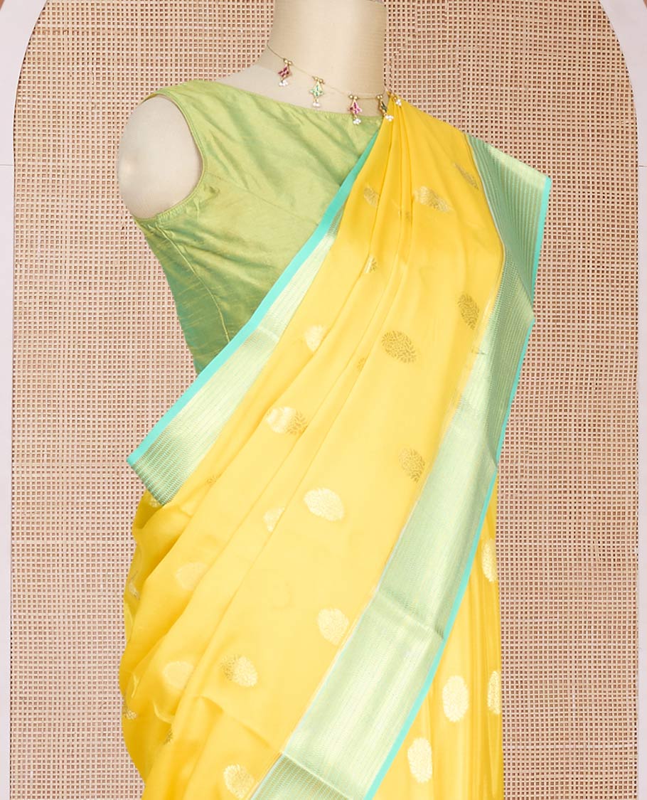 Yellow zari buttas Mysore silk saree, contrast traditional design zari border & pallu of chevron designs